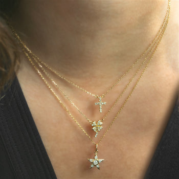 Recycled 18K Yellow Gold and Round and Baguette Diamond Clover Necklace