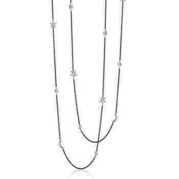 Sun, Moon and Stars 40” Moonstone and White Sapphire Steel Chain Necklace