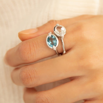 “Points North” Oval Rock Crystal and London Blue Topaz Rings with White Sapphires