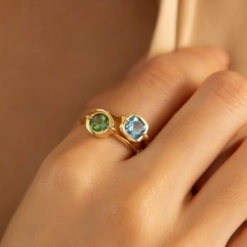“Points North” Round Green Tourmaline Ring and Cushion London Blue Topaz Ring with Diamonds in 18K Gold