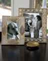 White Agate & White Quartz Photo Frame with Gold Metal Finish, White Agate Geometric Accent 24K Gold Plated Photo Frame