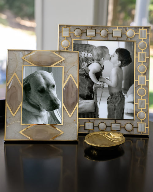 White Agate & White Quartz Photo Frame with Gold Metal Finish, White Agate Geometric Accent 24K Gold Plated Photo Frame