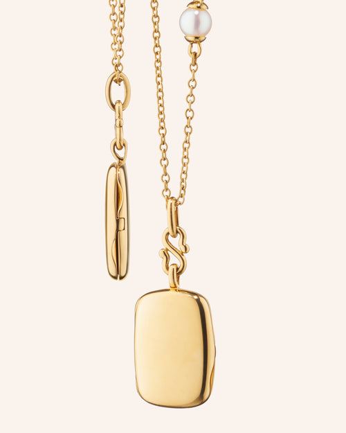 Slim "Britt" 18K Gold Locket Necklace on Pearl Chain, no engraving