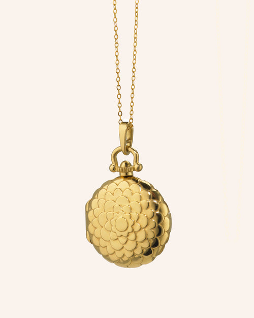 Petite Scalloped Gold Locket Necklace on Gold Chain