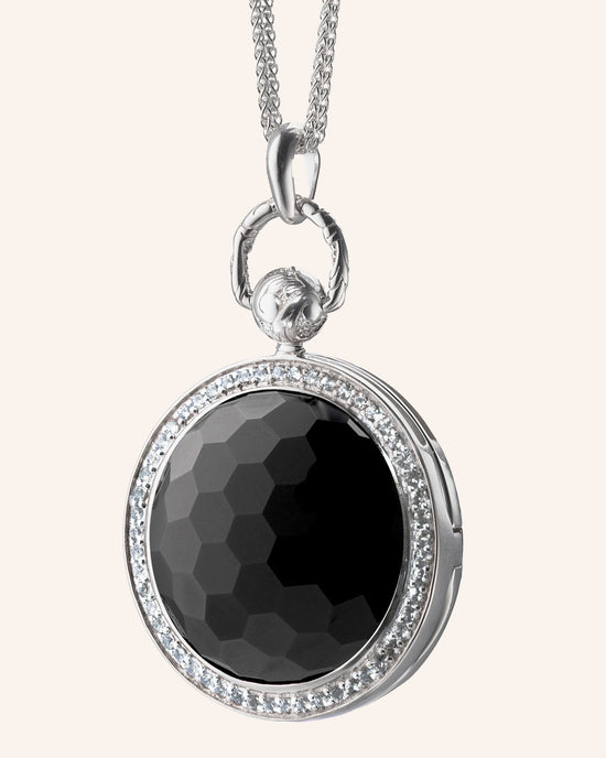 Sterling Silver Round Stone Locket with Faceted Black Onyx Stone