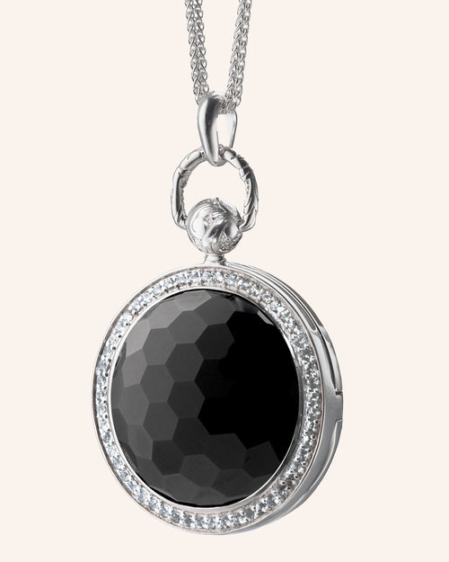 Sterling Silver Round Stone Locket with Faceted Black Onyx Stone