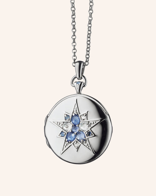 Round Sterling Silver "Burst" Locket with Blue Sapphires