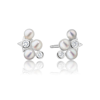 Pearl and White Sapphire Star Cluster Earrings