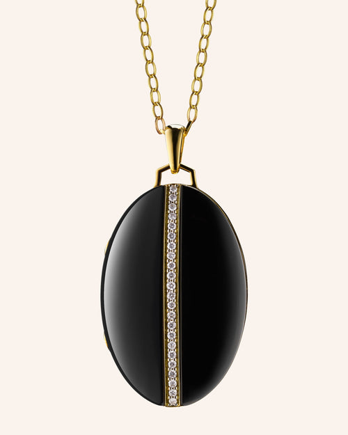 Oval Black Ceramic Locket with diamond accents in 18K gold