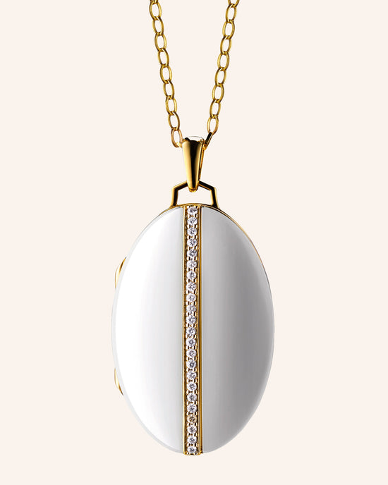 Oval Black Ceramic Locket with diamond accents in 18K gold