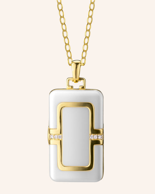 Rectangular White Ceramic Locket in 18K gold with diamond accents