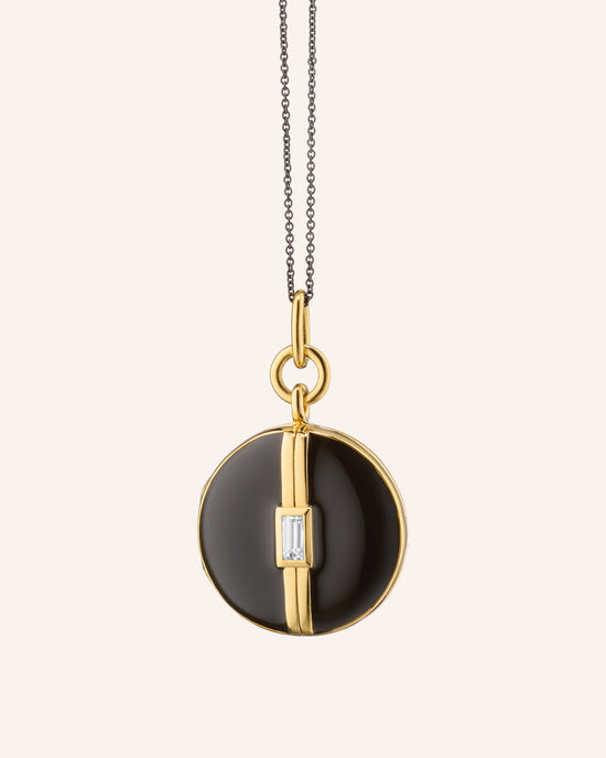 Black Enamel Vermeil Round Locket with White Sapphire