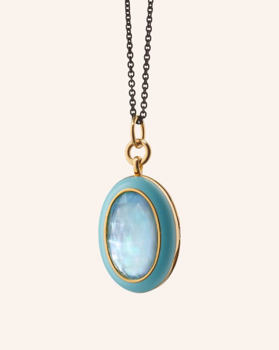 Blue Enamel Vermeil Oval Locket with Blue Topaz