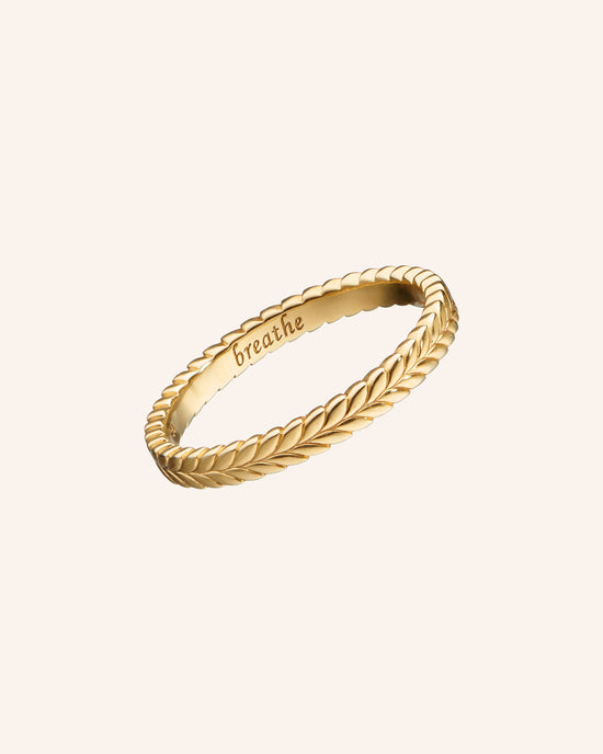 "Breathe" Leaf Poesy Slim 18K Gold Stackable Ring