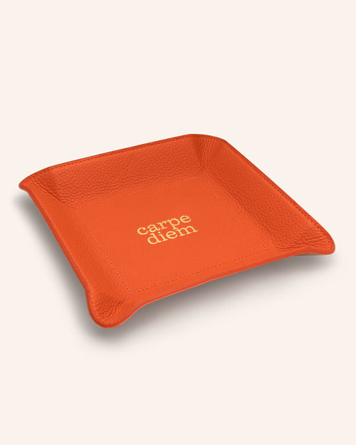 "Carpe Diem" Leather Catchall Tray in Orange