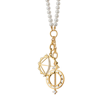 “Time is Precious” White Enamel Sundial and “Strength” Apollo Charm Necklace