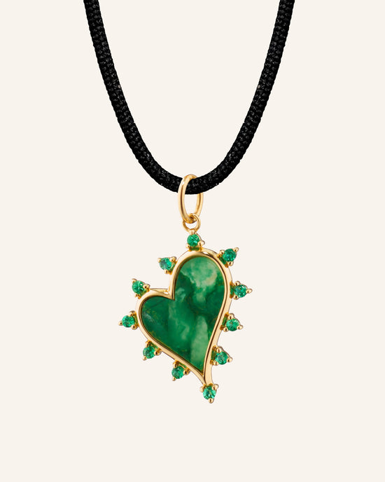 "Love" Heart 18K Gold Necklace with Aventurine and Emeralds
