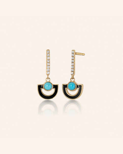 Black Enamel and Vermeil Drop Earrings with Turquoise and White Sapphires