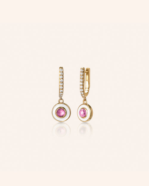 White Enamel and Vermeil Drop Earrings with Rhodolite and White Sapphires