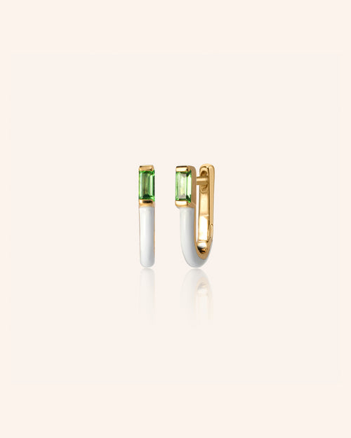White Enamel and Vermeil Huggie Earrings with Baguette Tsavorite