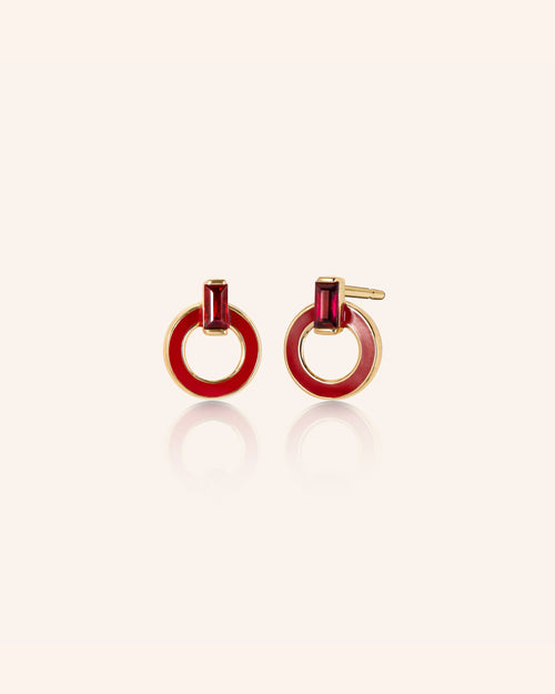 Red Enamel and Vermeil Round Stud Earrings with Baguette Ruby
