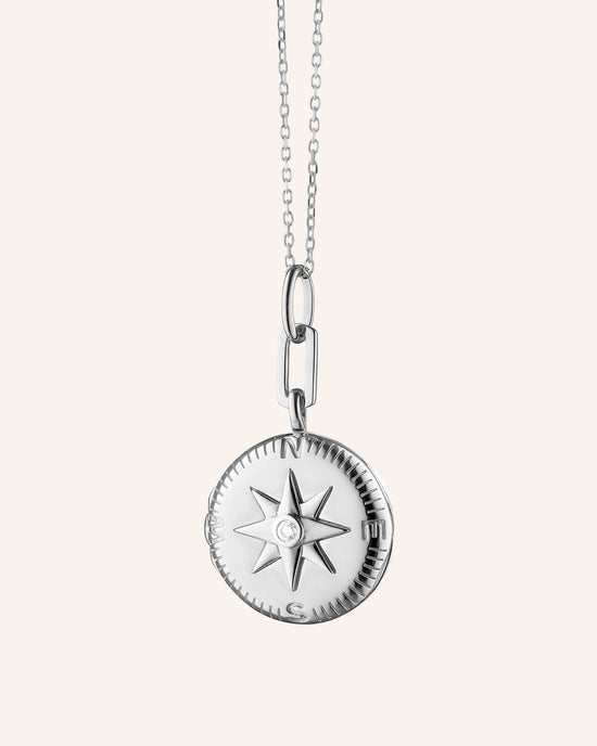 "Adventure" Compass Silver Engraved Locket Necklace
