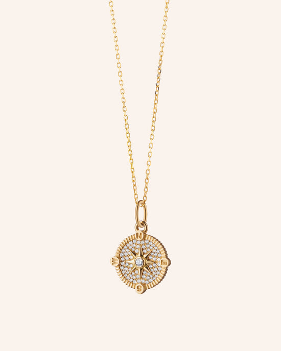 Mini Pave Diamond Compass Necklace