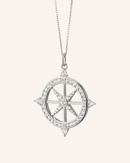 Adventure Compass Necklace with White Sapphires