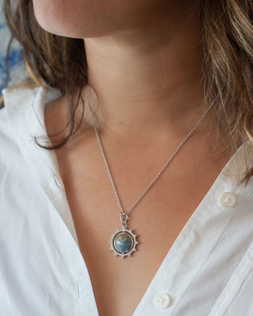 Round Dumortierite and White Sapphire Necklace