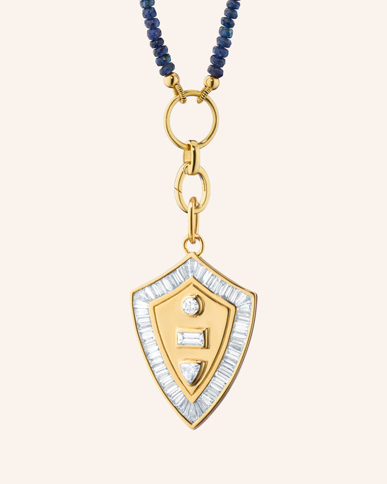 Diamond "Fearless" Shield with 18" "Design Your Own" Blue Sapphire Necklace