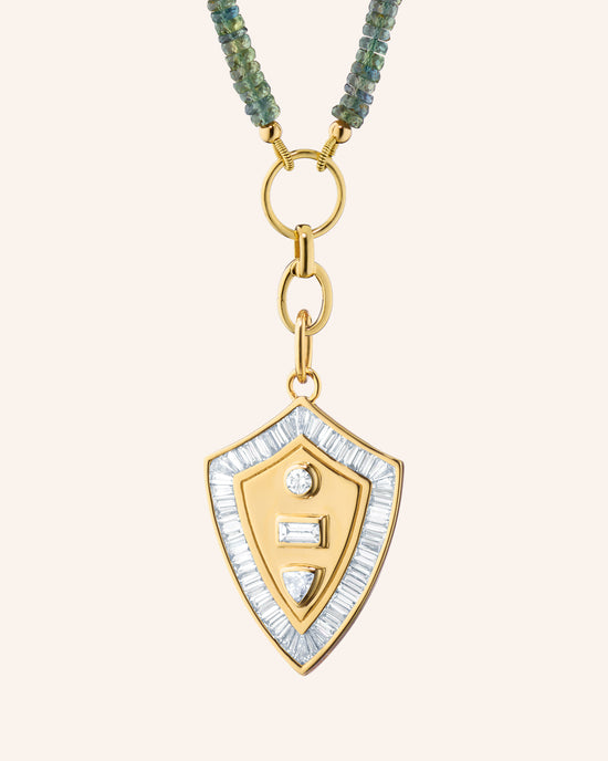 Diamond "Fearless" Shield with 18" "Design Your Own" Green Sapphire Necklace
