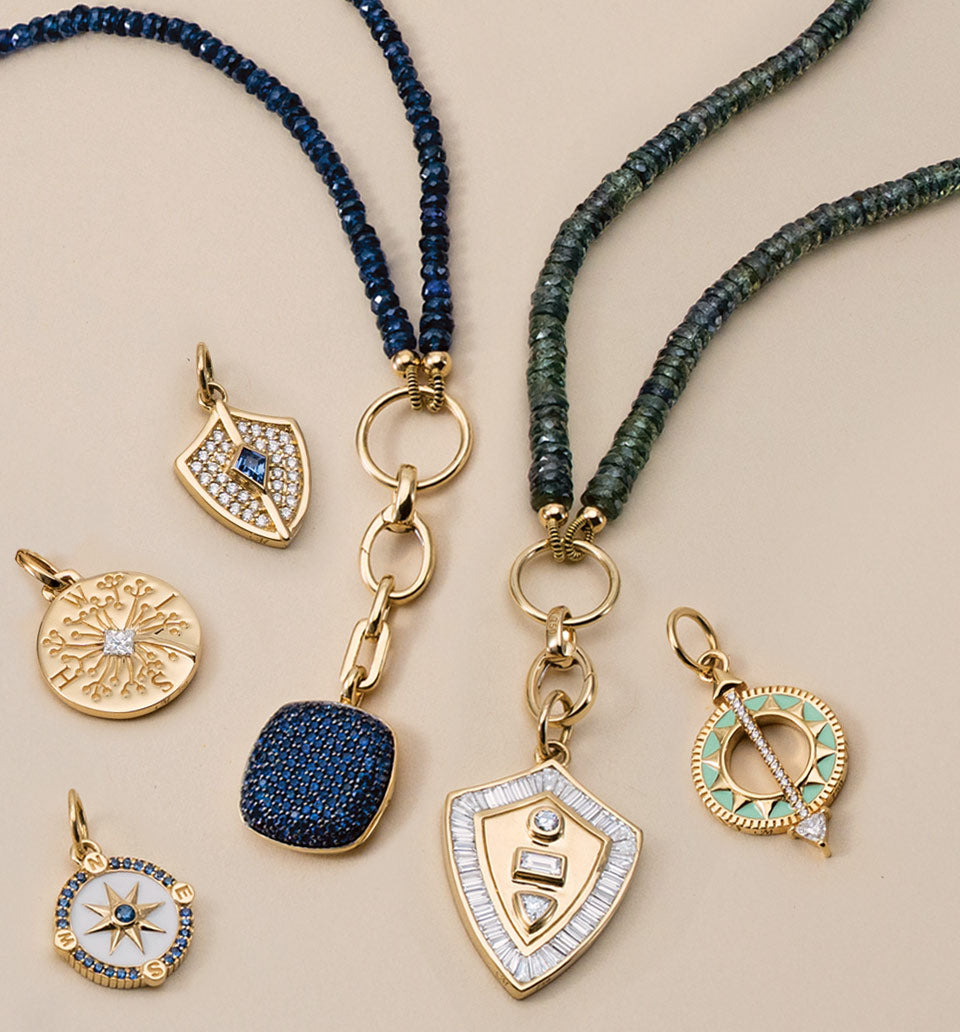 Design Your Own Charm Necklace featuring blue sapphires and green sapphire necklaces with charms