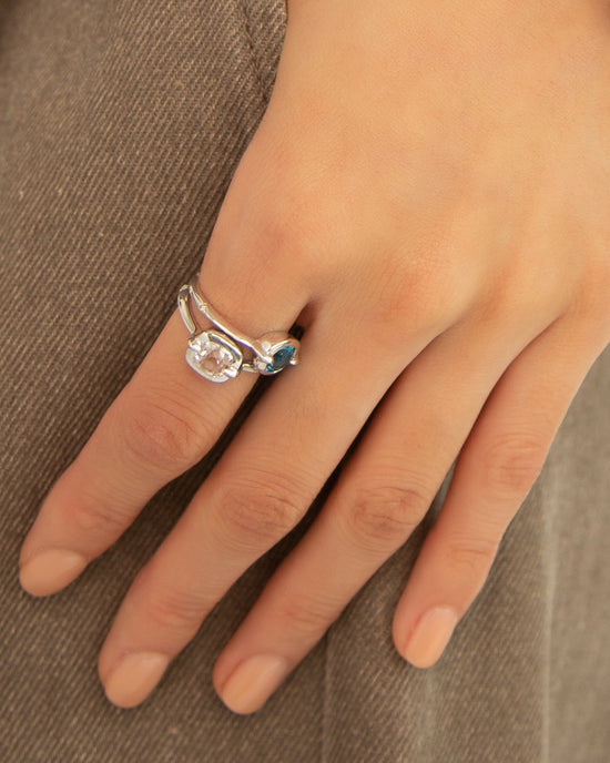 “Points North” Cushion Rock Crystal Ring with White Sapphires
