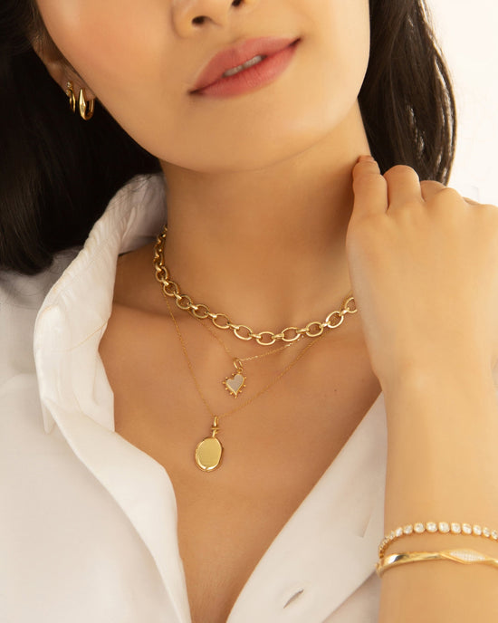 "Audrey" Link Charm Necklace in 18K Yellow Gold, with 5 charms