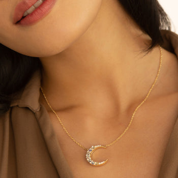 Water Opal Midi Crescent Moon Necklace with Diamonds