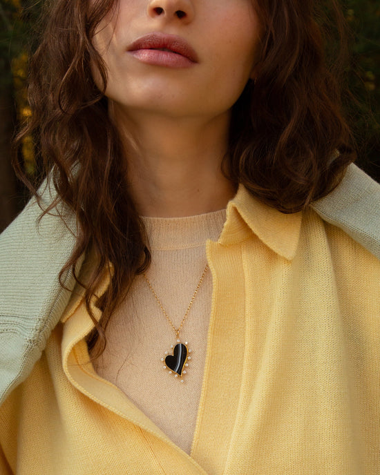 Black Agate Heart Necklace with Diamonds