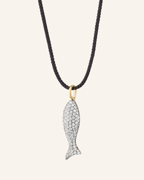 Mini Perseverance Fish Sterling Silver Necklace with Pavé White Sapphire