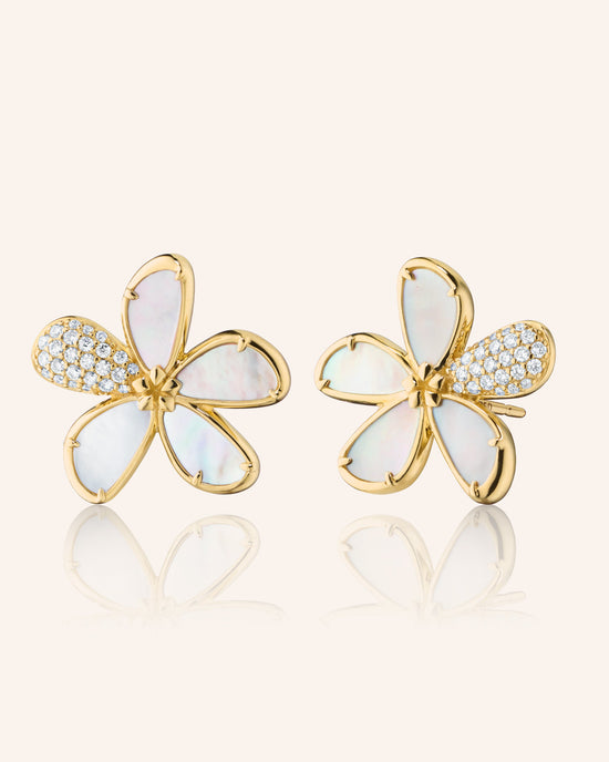 Mother of Pearl Flower Stud Earrings with Pavé White Diamonds
