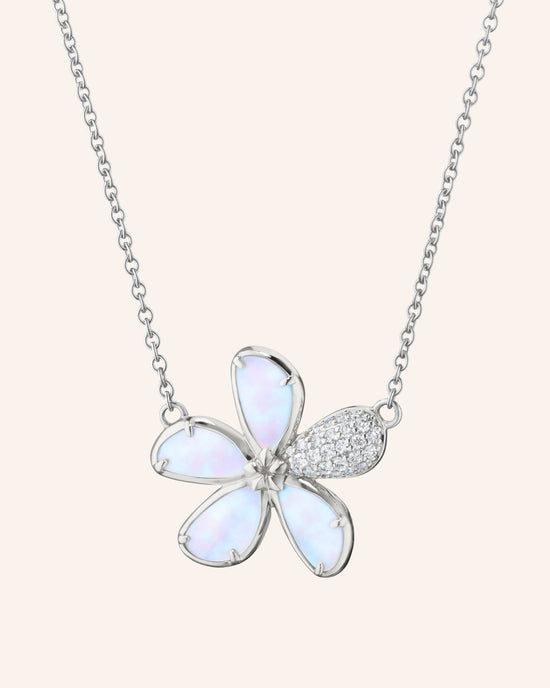 Mother of Pearl Flower Necklace with Pavé White Sapphires