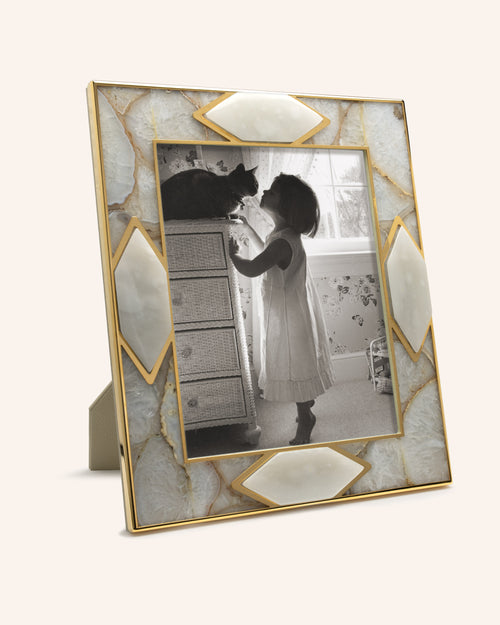 White Agate & White Quartz Photo Frame with Gold Metal Finish