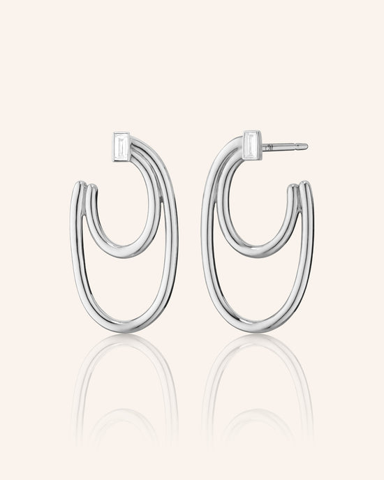 Sterling Silver Double Oval Galaxy Wrap Hoop Earrings with Baguette White Sapphire