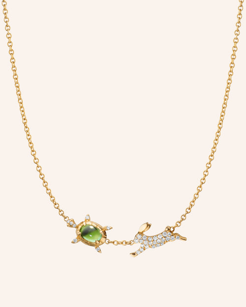 "Slow and Steady" Tortoise and the Hare Necklace with Green Tourmaline and Diamonds