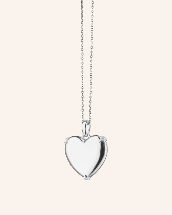 Heart Locket with White Sapphires, Silver Chain