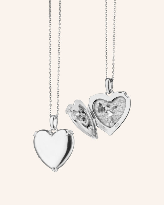 Heart Locket with White Sapphires, Silver Chain