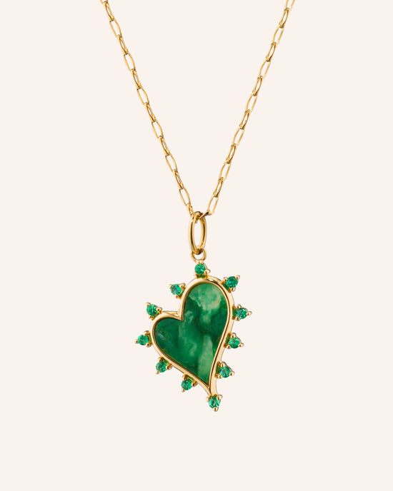 Aventurine Heart Necklace with Emeralds