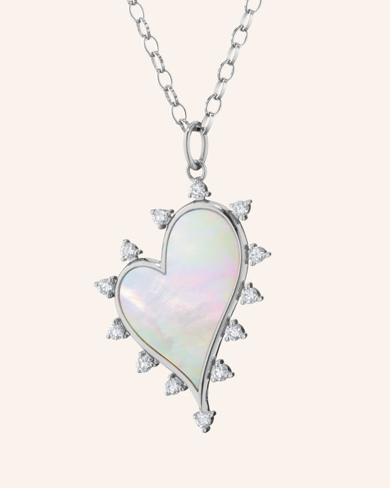 Large Mother of Pearl Heart Necklace with White Sapphires