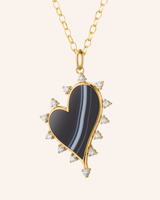 Large Black Agate Heart Necklace with Diamonds