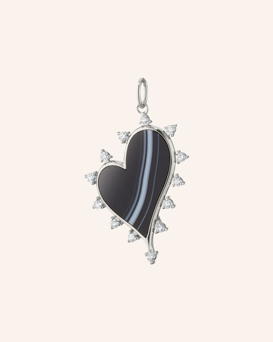 Large Black Agate Heart Charm with White Sapphires