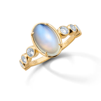Special Edition 18K Gold Ring with Blue Moonstone and Round Vintage Diamonds