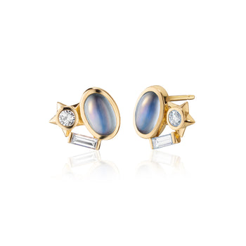 Special Edition Earrings with Blue Moonstone and Round and Baguette Vintage Diamonds